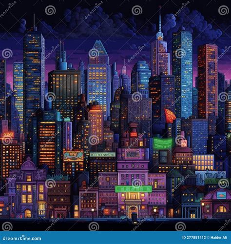 Pixel Art New York City At Night Generative Ai Stock Illustration