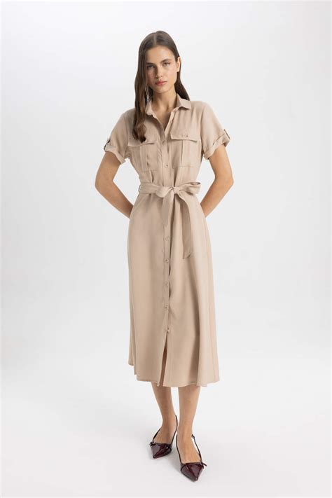 Beige Woman Shirt Collar Midi Dress Defacto