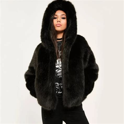 Women Winter Faux Fox Fur Coat Hooded Thicken Warm Artificial Fur