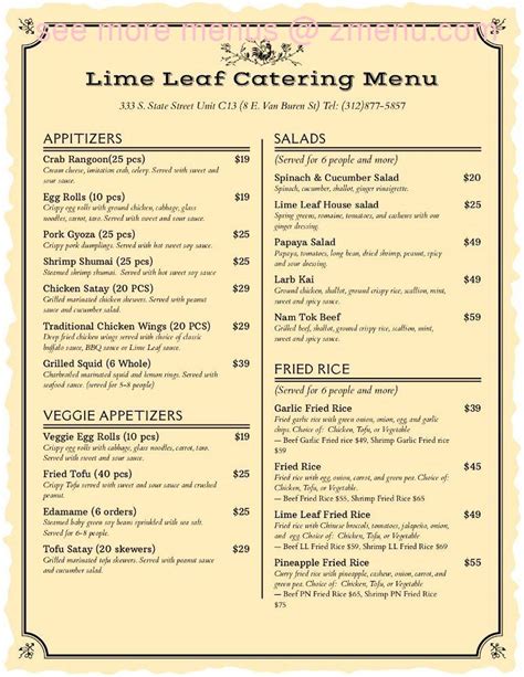 Menu at Lime Leaf Thai restaurant, Chicago