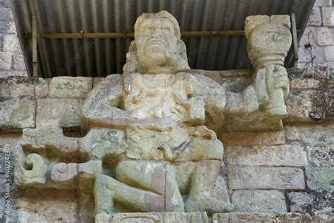 Copan, Honduras, Central America: One of two simian sculptures on ...