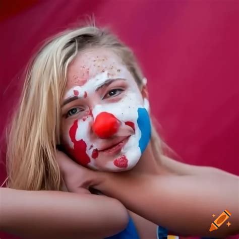 Blonde Woman With Red Clown Nose Covered In Shaving Foam At The Circus