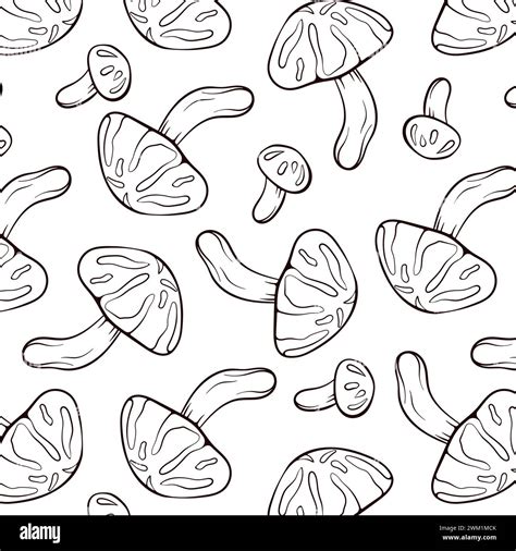 Seamless Pattern With Edible Mushrooms Shiitake In Line Art Style