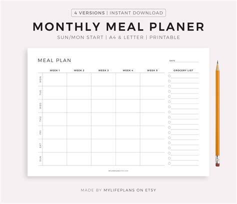 Monthly Meal Planner Printable Landscape 30 Day Menu Planner Food Planner A4a5letterhalf