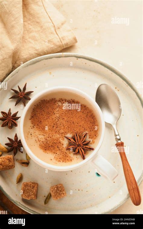 Masala Tea Masala Chai Spiced Tea With Milk And Spices On Light Warm Beige Background