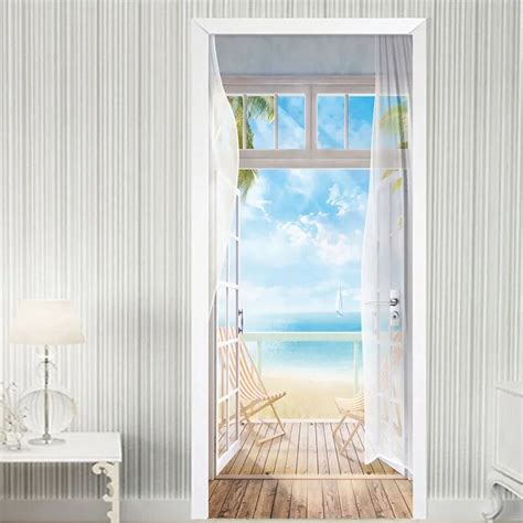 Ocean Beach Door Stickers Shiny Sunshine Blue Sky Mural Decal Sea