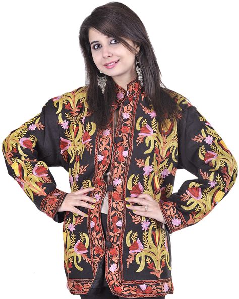 Black Kashmiri Jacket With Embroidered Flowers All Over Exotic India Art