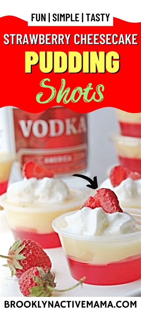 Strawberry Cheesecake Pudding Shots With Whipped Cream And Strawberries In The Background On A