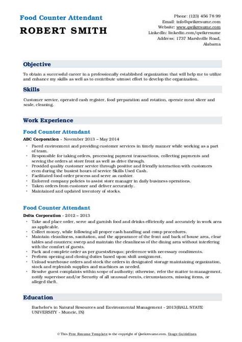 Food Counter Attendant Resume Samples Templates For