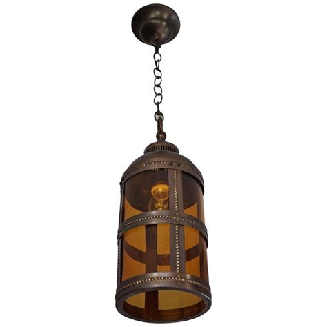 Arts And Crafts Brass And Amber Glass Pendant Light Jan Eisenloeffel Style Lantern For Sale At