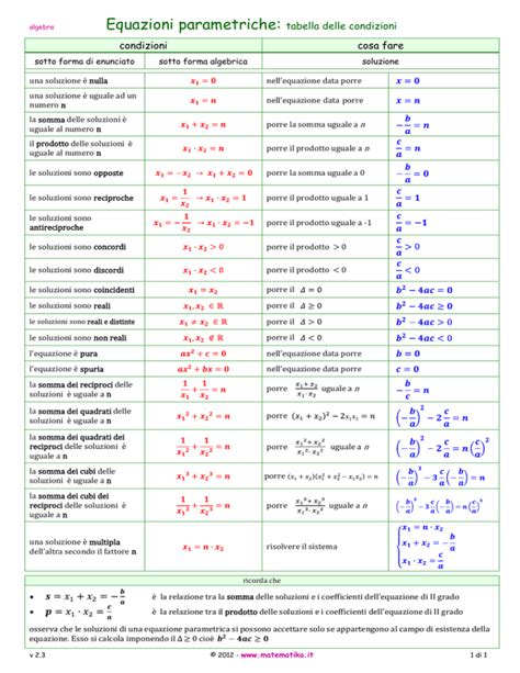 Equazioni Parametriche Tabella Delle Condizioni