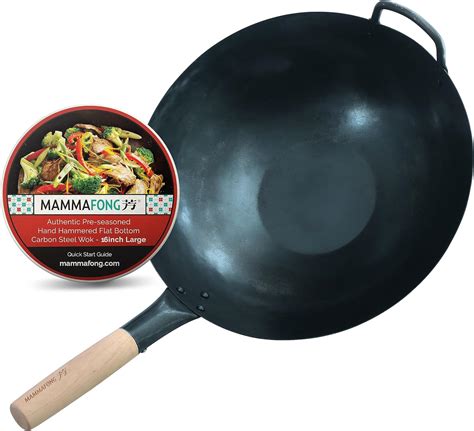 Mammafong Large Flat Bottom 16 Inch Traditional Carbon Steel Wok Pan