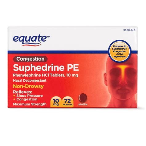 Equate Congestion Suphedrine PE Nasal Decongestant Tablets 10mg, 72 Ct ...