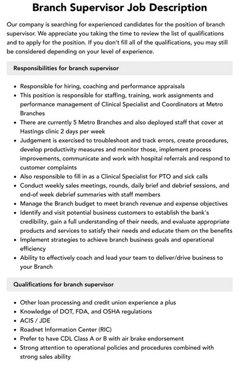 Branch Supervisor Job Description Velvet Jobs