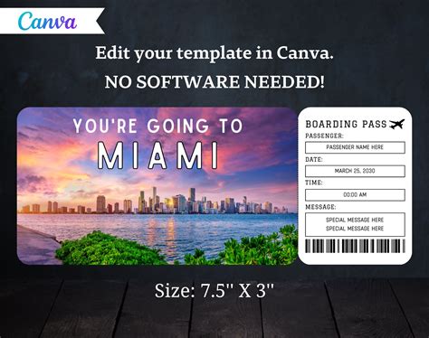 Miami Boarding Pass Ticket Template - Printable Gift Airplane Airline