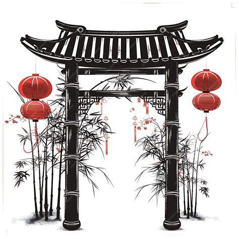 Premium Photo | A drawing of a chinese gate with chinese lanterns on it