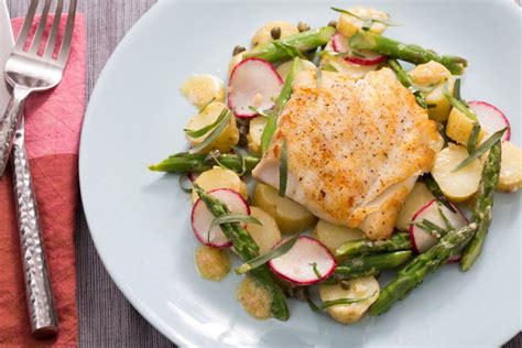 Seared Cod With Spring Vegetables And Lemon Mustard Vinaigrette The