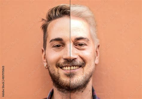 Split Face Of A Young And Old Man Illustrating The Aging Process Half