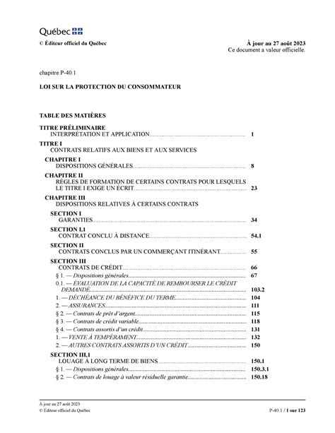 Loi Sur La Protection Du Consommateur P 40 Chapitre P 40 LOI SUR LA