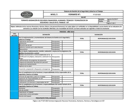 Asignacion De Recursos Finncieros P Gina De Ft Sst Formato