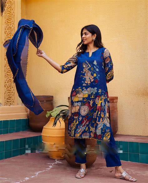 Elegant Royal Blue Color Cotton Kalamkari Print Work Kurti