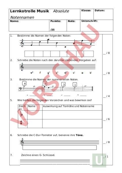 Arbeitsblatt Absolute Notennamen Musik Musiktheorie Noten