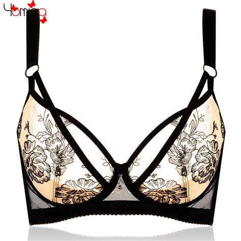 New Lace Mesh Bra Plus Size Lingerie Deep Plunge Thin Cup Transparent