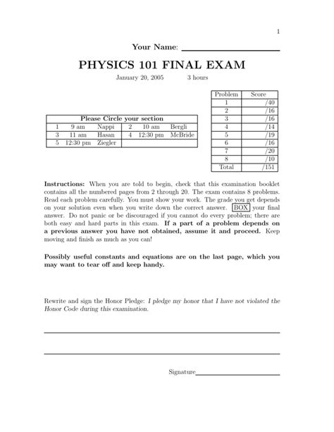 PHYSICS 101 FINAL EXAM