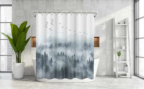 Leowefowa Misty Forest Shower Curtain Grey Smoky Foggy Mountain Curtain