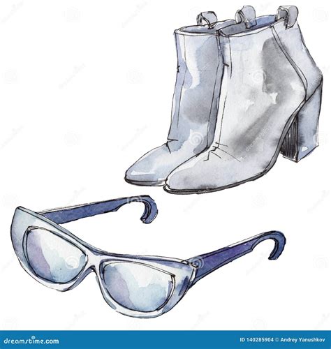 Sunglases And Shoes Sketch Illustration In A Watercolor Style Isolated