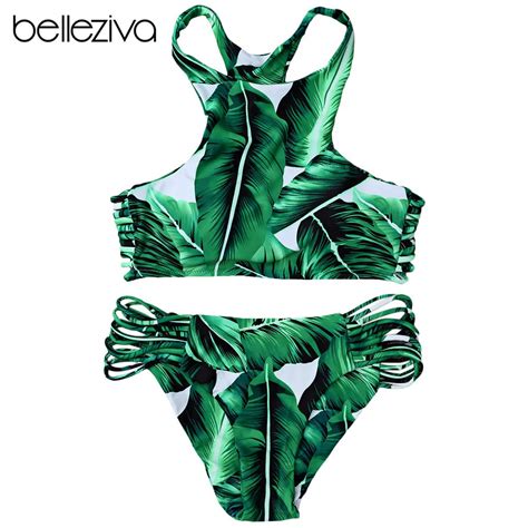 Belleziva Plus Size High Neck Leaf Print Stringy Bikini Set Women