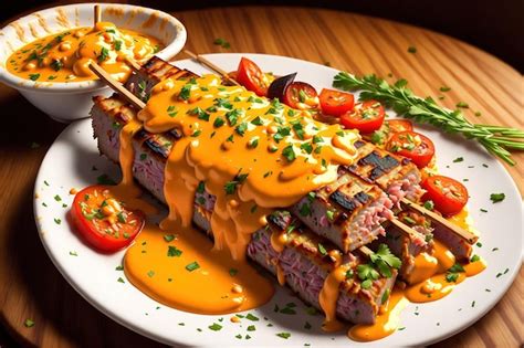 Premium AI Image | Meat kebab with cheese sauce