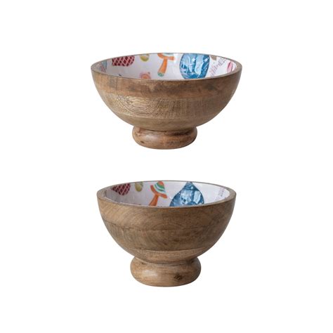 Enameled Mango Wood Footed Bowls W Seasonal Pattern Set Of 2