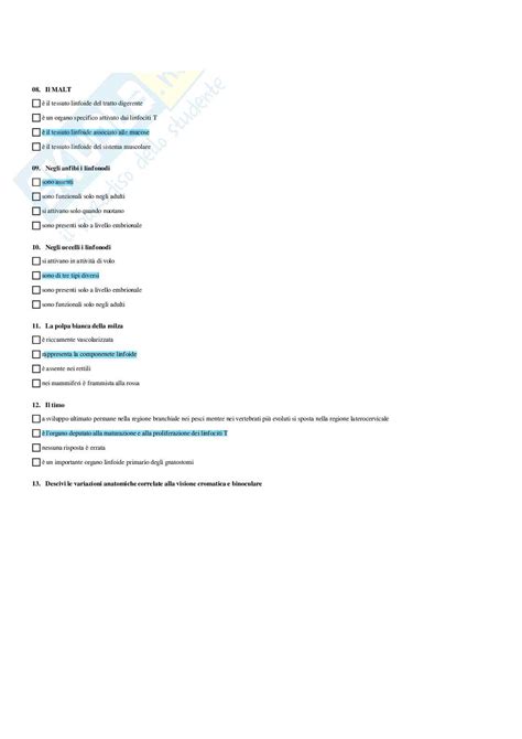 Set Domande Multiple E Aperte Di Anatomia Comparata E Citologia