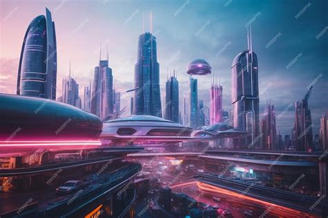 Ficción Panorámica Cyberpunk Futuristic City Con Letreros De Neón Y Luces De Neón Ciudad Con