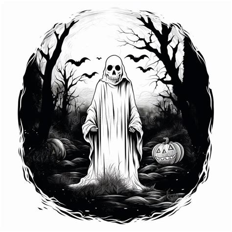 Black and White Hand-Drawn Halloween Ghost Stock Illustration ...