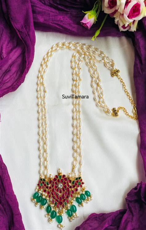 Jadau Kundan Lotus Pendant Rice Pearl Mala Readytoship Suvitamara