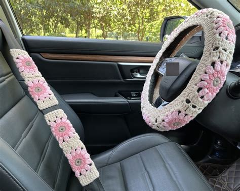 Crochet Steering Wheel Cover Sunflower Crochet Seat Belt Cover Cute