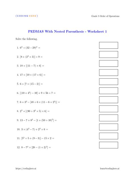 Pedmas With Nested Parenthesis Worksheet 1 Pdf