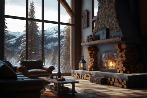 Premium AI Image | A living room with a fireplace and a mountain view