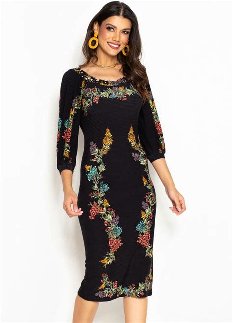 Vestido Midi De Malha Canelada Louise Floral Preto Farm