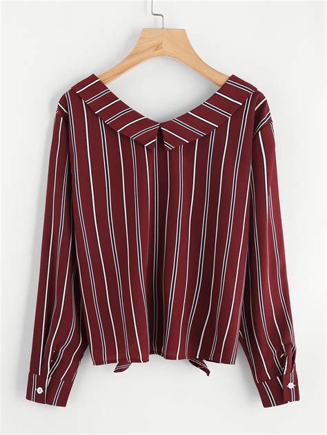 Vertical Striped Knotted Hem Shirt Shein Sheinside