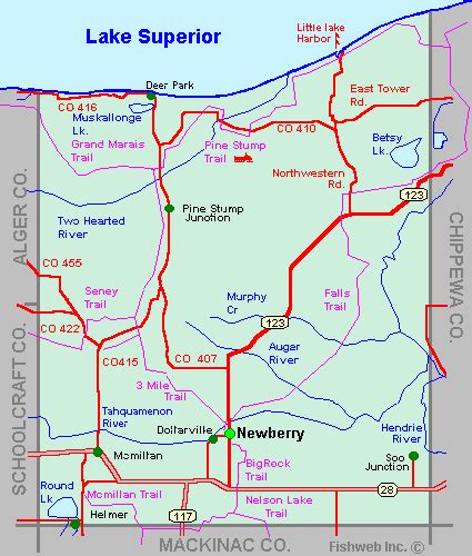 Luce County Map Tour Lakes Snowmobile Atv River Hike Hotels Motels