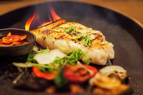 Primer Plano De Filete De Pescado Blanco A La Plancha Con Salsa Y