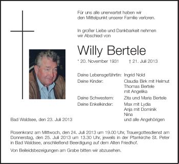 Traueranzeigen Von Willy Bertele Schwaebische De Trauerportal