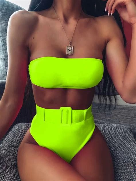 Neon Lime Bandeau With Belted High Waist Bikini Set SHEIN USA Cute