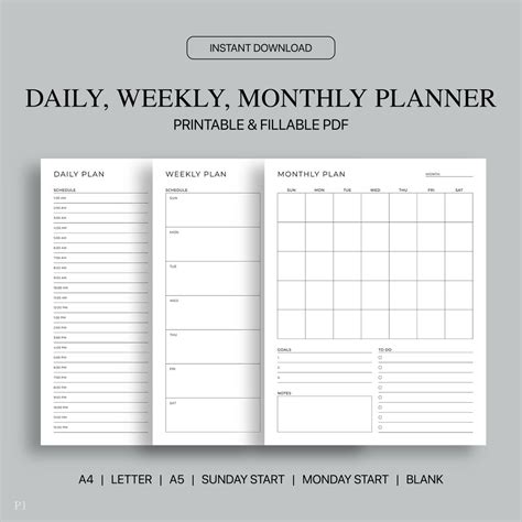 Daily Planner Printable, Weekly Planner Printable, Monthly Planner Printable, Fillable PDF ...