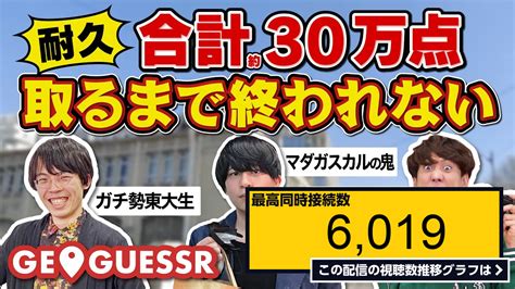 ライブ同時接続数グラフ『合計点数がチャンネル登録者数を超えるまで終われない耐久配信【geoguessr】 』 Livechart