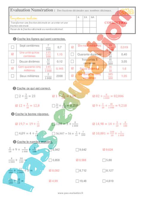 Des Fractions Décimales Aux Nombres Décimaux Au Cm2 Evaluation Qcm Quiz Pdf à Imprimer