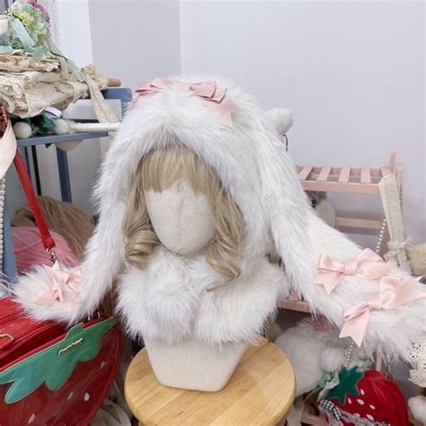 Bowknot Details White Oversized Bunny Ears Plush Hat